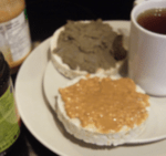 Dr. Vie Breakfast pumpkin seed butter, peanut butter, rice cake, herbal tea
