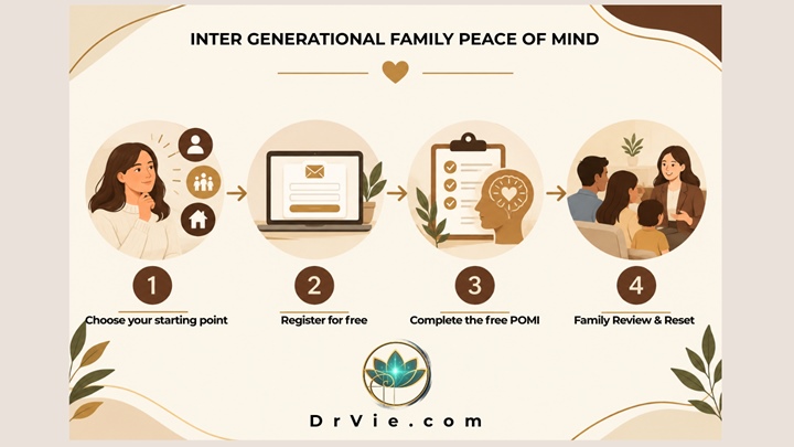 flow chart of Family Peace Of Mind with elders an dhow it works with Dr. Vie